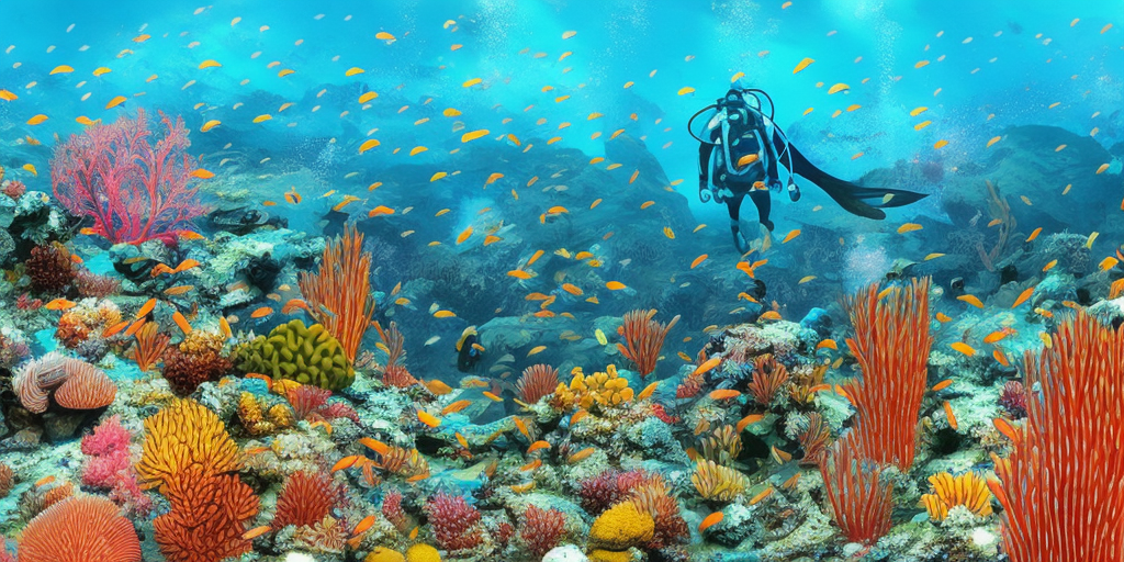 A sci-fi diving explorer, wearing bright coloured fins and diving gear, in a beautiful sub-aquatic ocean landscape, coral reefs, bright coloured fish swimming all around, mesmerizing,