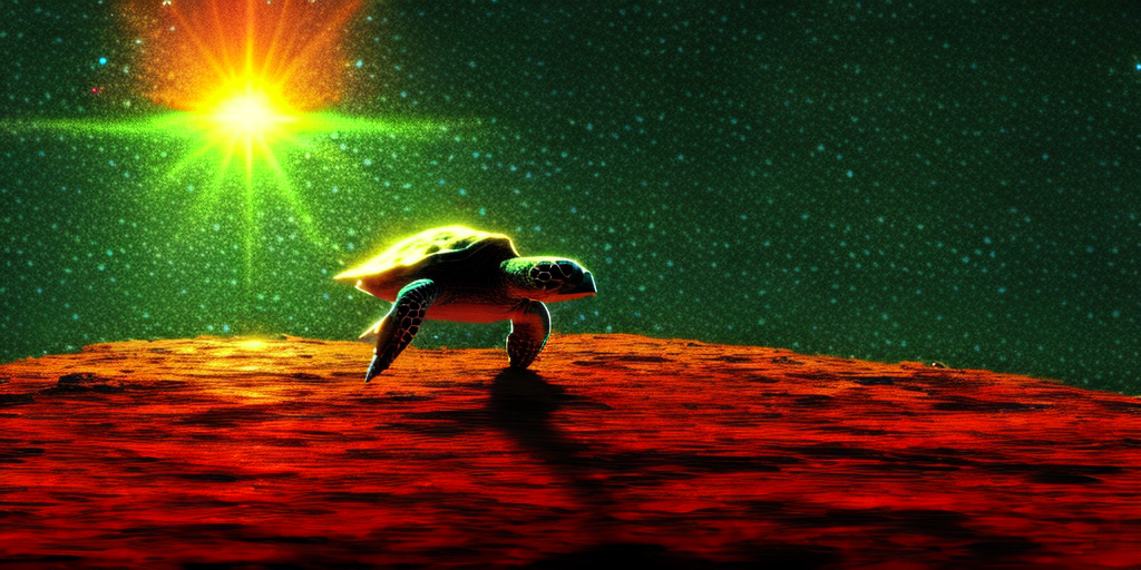 A space turtle diving towards a bright sun, surrounded by bright and beautiful nebulas of neon colors,
