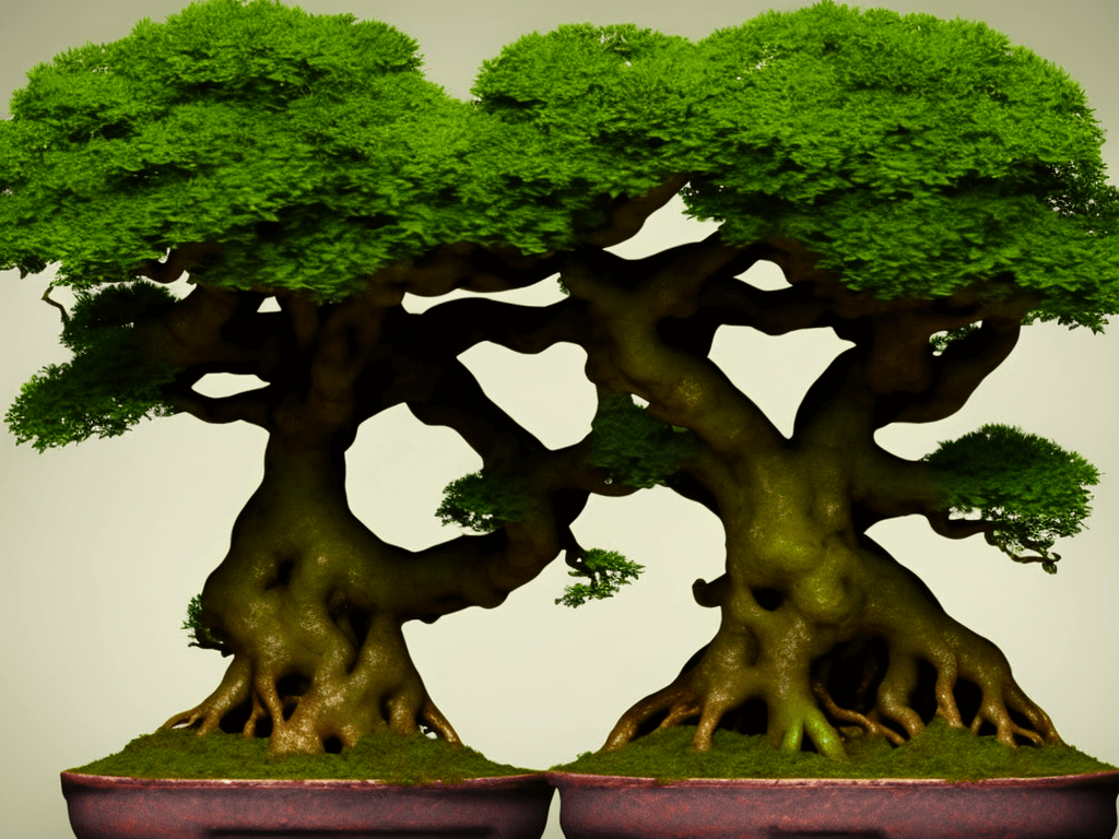 Two small bonsai trees next to each other, branches touching