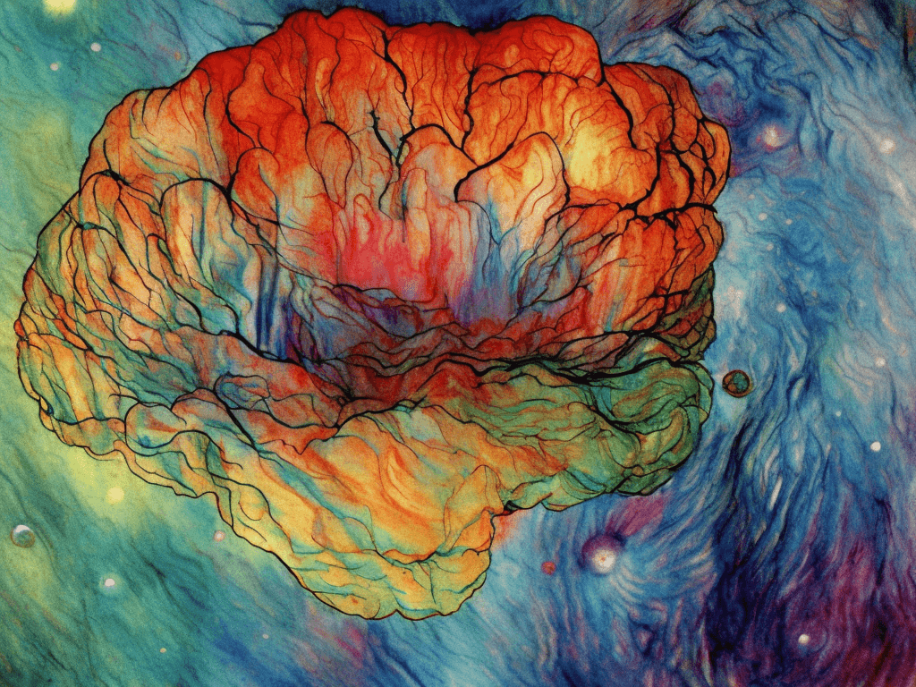 A watercolor painting of a brain in bright colors with a starry background in soft tones